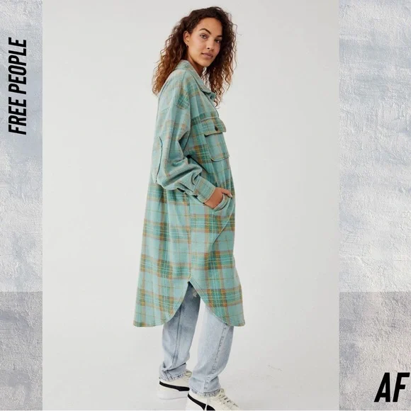 FREE PEOPLE LONG RUBY PLAID JACKET IN GREEN COMBO NEW LARGE - Picture 8 of 8